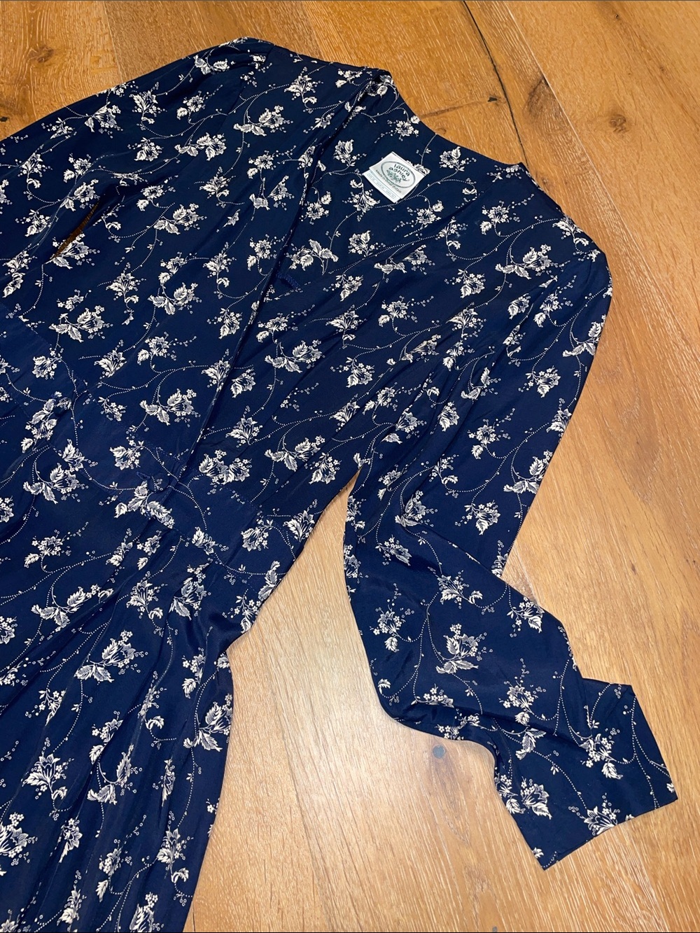 Vintage 80s Laura Ashley Navy & Cream Floral Long Sleeve Faux Wrap Dress Sz 10 - Picture 7 of 11